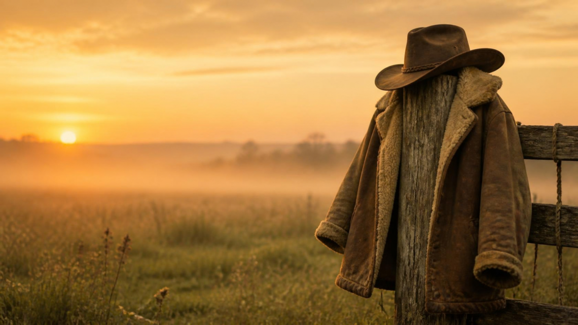 A weathered cowboy hat and sheepskin coat resting on a wooden fence post at golden hour, symbolizing the emotional armor we carry.