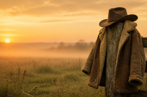 A weathered cowboy hat and sheepskin coat resting on a wooden fence post at golden hour, symbolizing the emotional armor we carry.