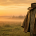 A weathered cowboy hat and sheepskin coat resting on a wooden fence post at golden hour, symbolizing the emotional armor we carry.