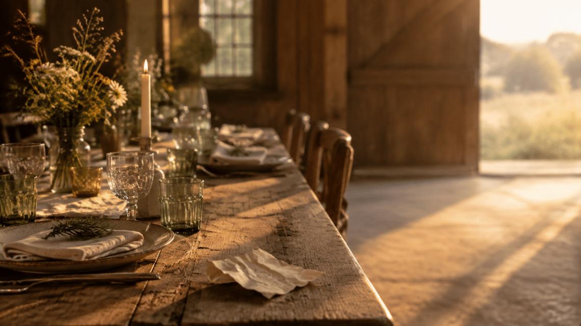 A farmhouse table set with candles and wildflowers beside a discarded to-do list, symbolizing that every table is an altar and your worth is more than your checklist.