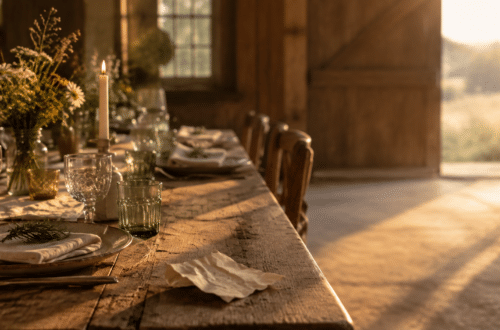 A farmhouse table set with candles and wildflowers beside a discarded to-do list, symbolizing that every table is an altar and your worth is more than your checklist.